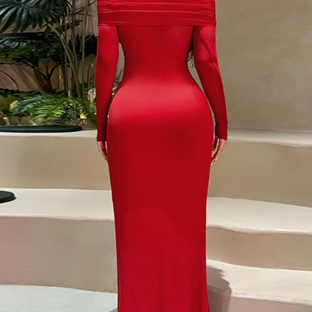 Women Mesh Maxi Dress Off Shoulder Long Sleeve Ruched Slit Formal - Picture 5 of 6